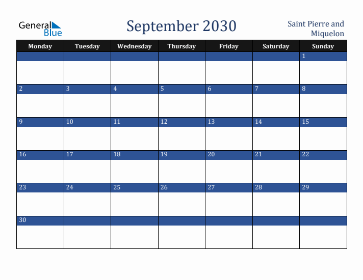September 2030 Saint Pierre and Miquelon Calendar (Monday Start)
