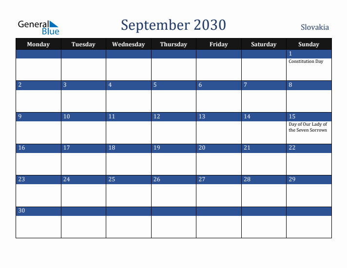 September 2030 Slovakia Calendar (Monday Start)