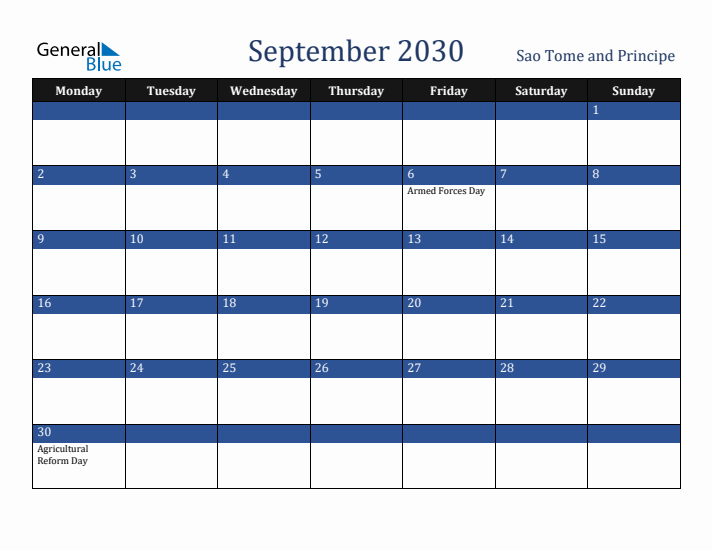 September 2030 Sao Tome and Principe Calendar (Monday Start)