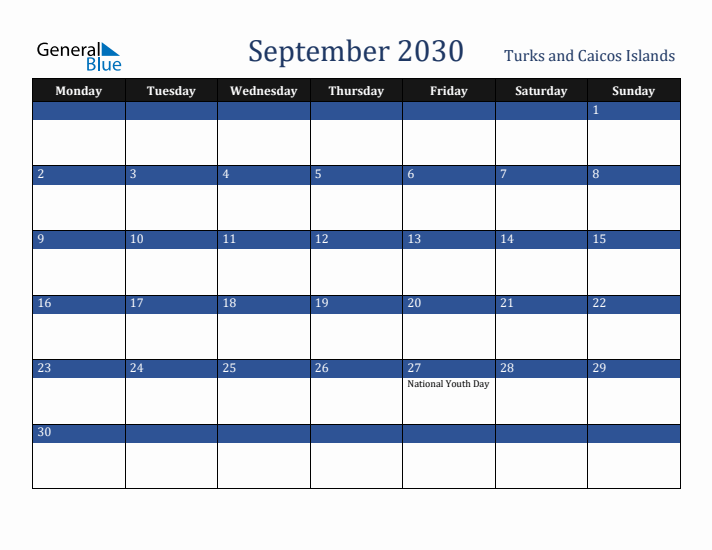 September 2030 Turks and Caicos Islands Calendar (Monday Start)