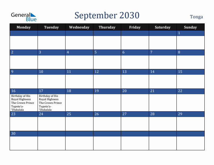 September 2030 Tonga Calendar (Monday Start)