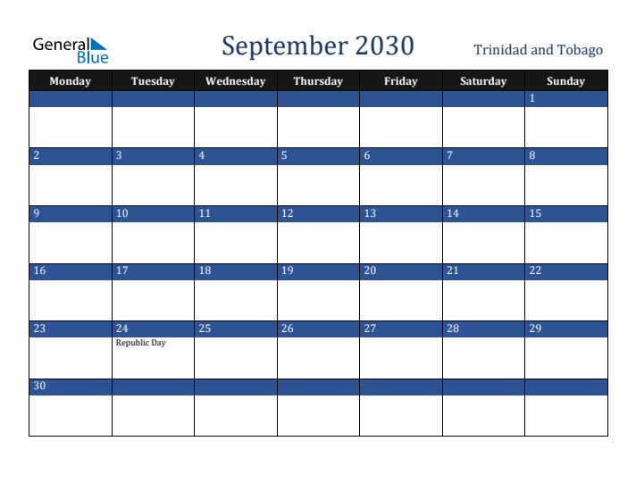 September 2030 Trinidad and Tobago Calendar (Monday Start)