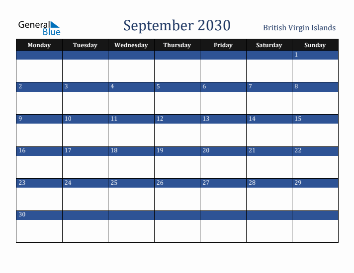 September 2030 British Virgin Islands Calendar (Monday Start)