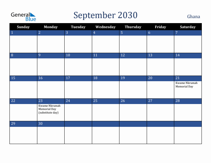 September 2030 Ghana Calendar (Sunday Start)