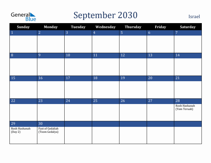 September 2030 Israel Calendar (Sunday Start)