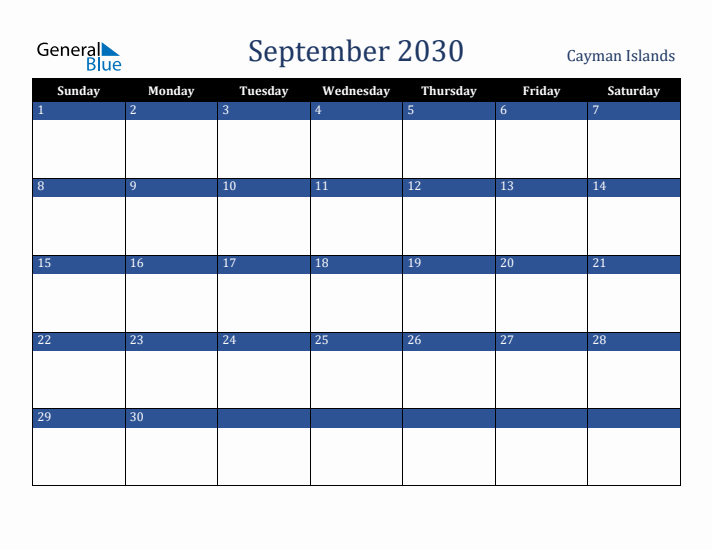 September 2030 Cayman Islands Calendar (Sunday Start)