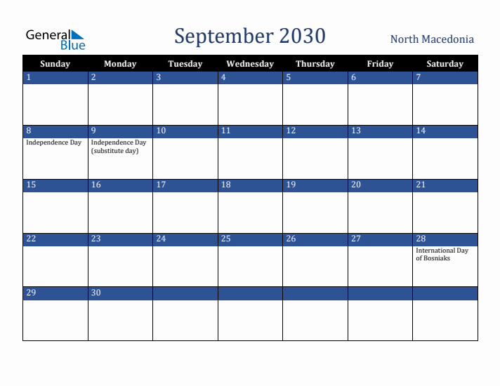 September 2030 North Macedonia Calendar (Sunday Start)