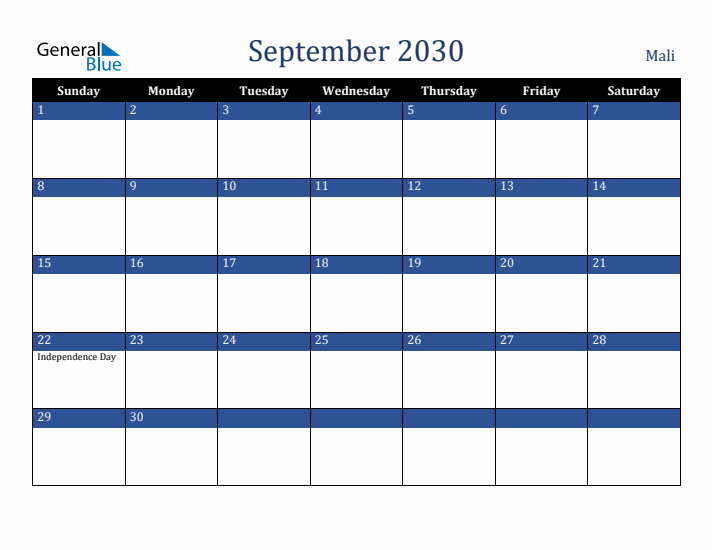 September 2030 Mali Calendar (Sunday Start)