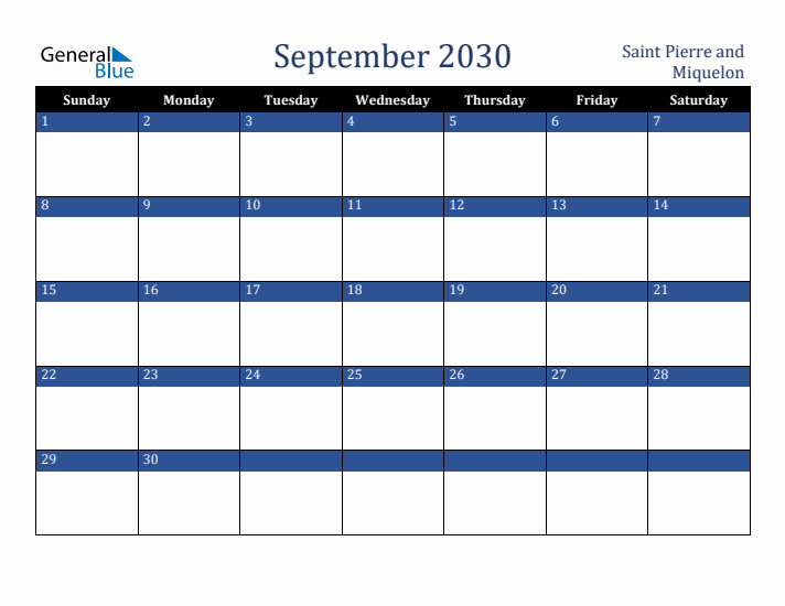 September 2030 Saint Pierre and Miquelon Calendar (Sunday Start)
