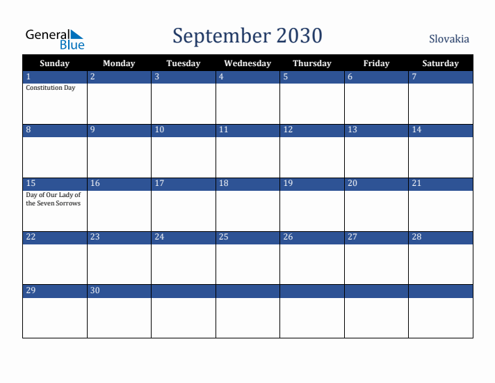 September 2030 Slovakia Calendar (Sunday Start)