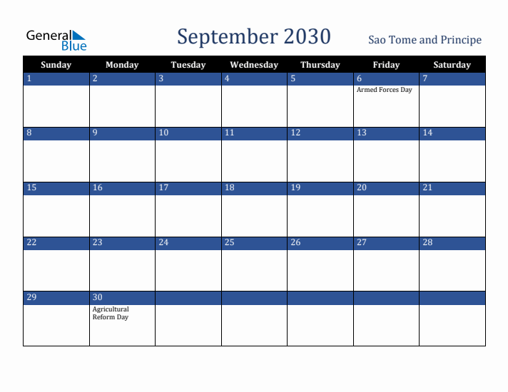 September 2030 Sao Tome and Principe Calendar (Sunday Start)