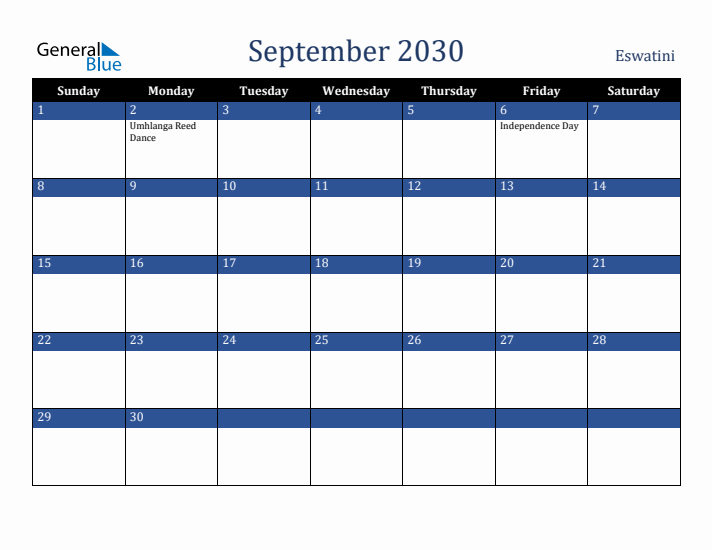 September 2030 Eswatini Calendar (Sunday Start)
