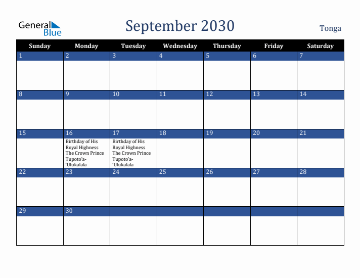 September 2030 Tonga Calendar (Sunday Start)