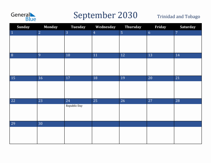 September 2030 Trinidad and Tobago Calendar (Sunday Start)