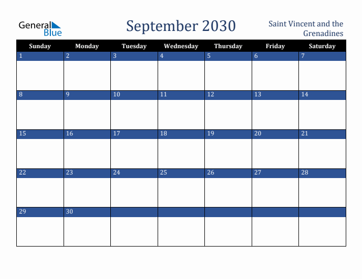 September 2030 Saint Vincent and the Grenadines Calendar (Sunday Start)