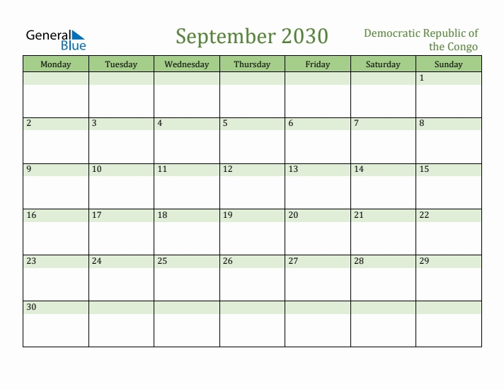 September 2030 Calendar with Democratic Republic of the Congo Holidays