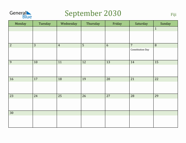 September 2030 Calendar with Fiji Holidays
