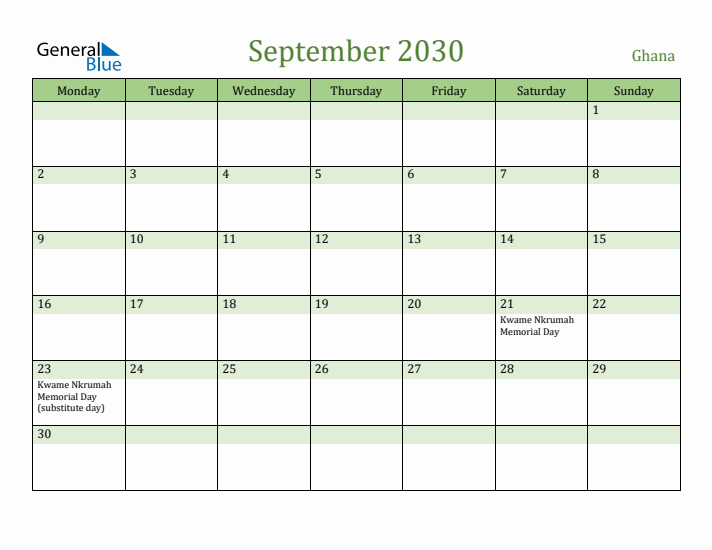 September 2030 Calendar with Ghana Holidays