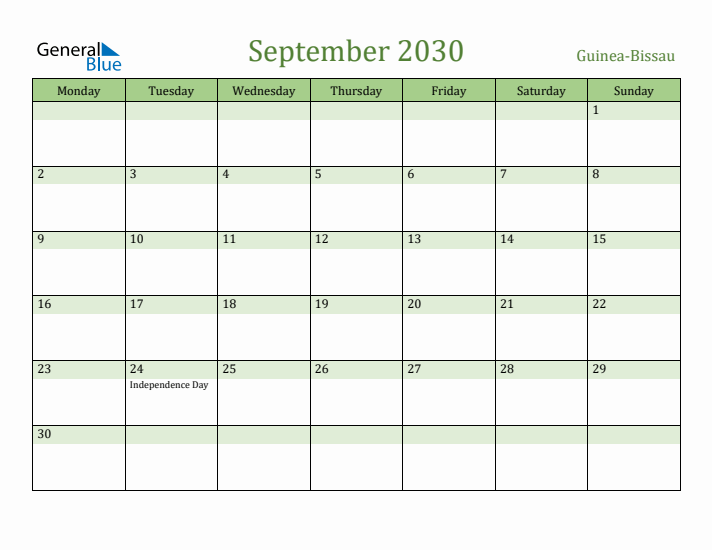 September 2030 Calendar with Guinea-Bissau Holidays