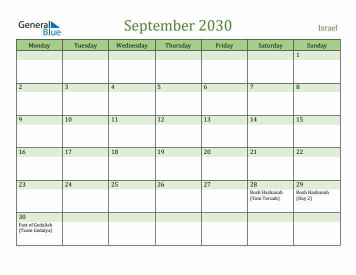 September 2030 Calendar with Israel Holidays