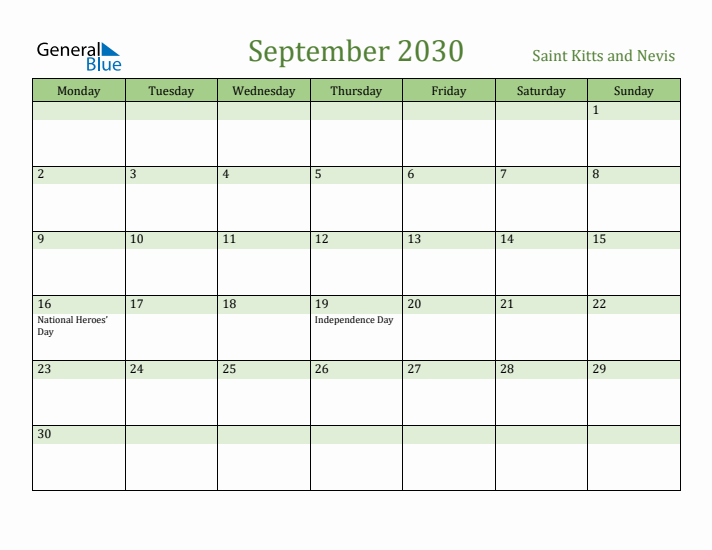 September 2030 Calendar with Saint Kitts and Nevis Holidays