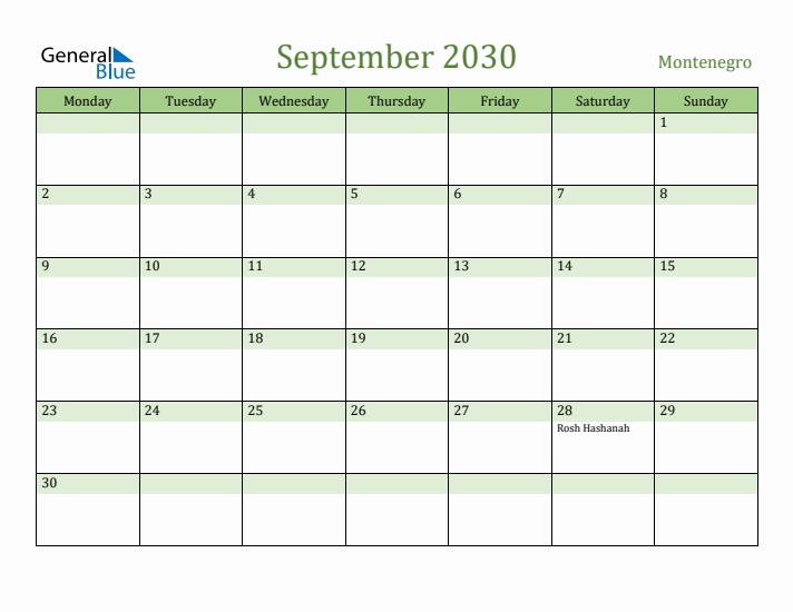 September 2030 Calendar with Montenegro Holidays