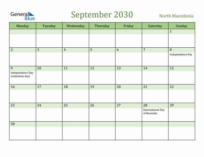 September 2030 Calendar with North Macedonia Holidays
