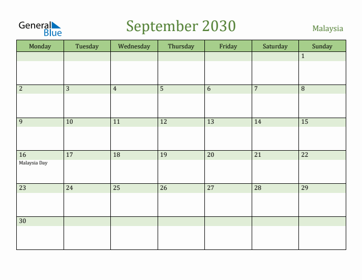 September 2030 Calendar with Malaysia Holidays