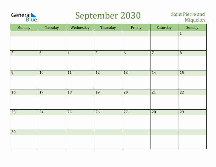 September 2030 Calendar with Saint Pierre and Miquelon Holidays