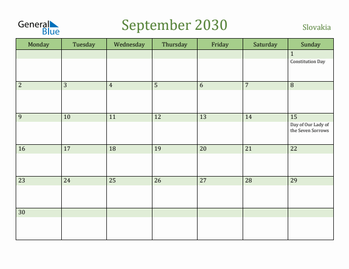 September 2030 Calendar with Slovakia Holidays
