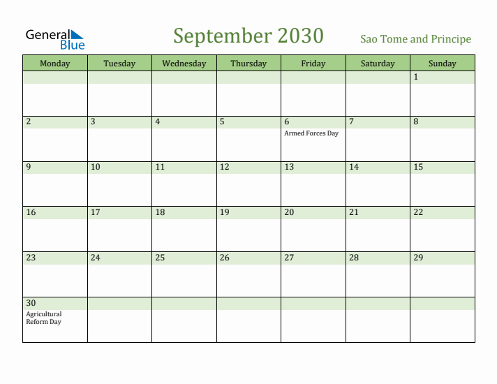 September 2030 Calendar with Sao Tome and Principe Holidays
