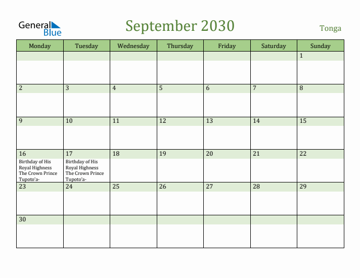 September 2030 Calendar with Tonga Holidays