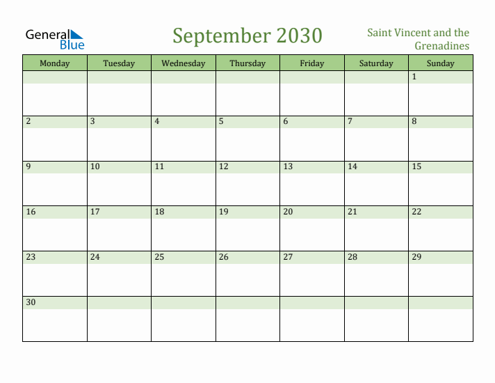 September 2030 Calendar with Saint Vincent and the Grenadines Holidays