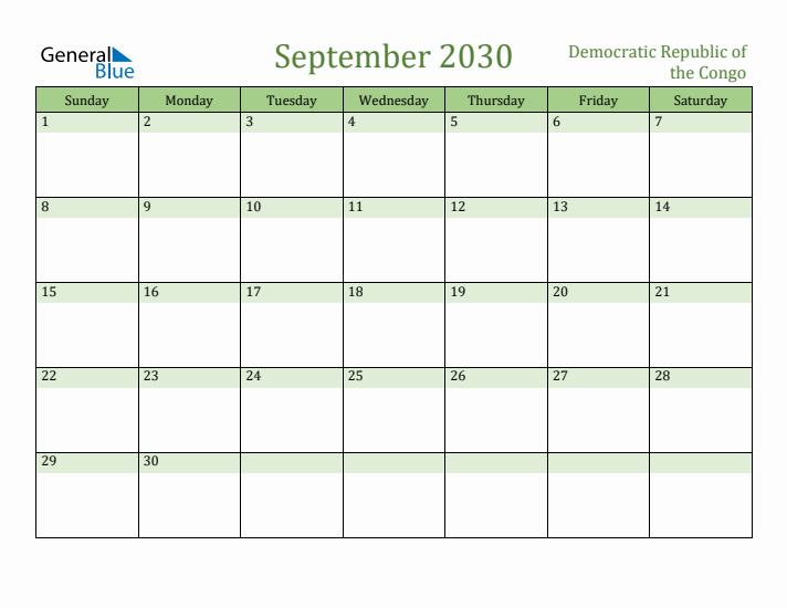 September 2030 Calendar with Democratic Republic of the Congo Holidays