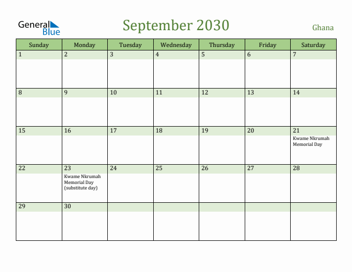 September 2030 Calendar with Ghana Holidays