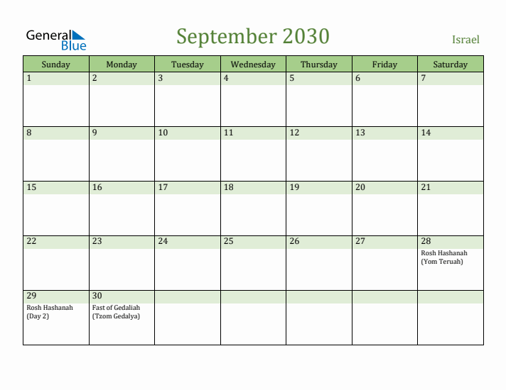 September 2030 Calendar with Israel Holidays