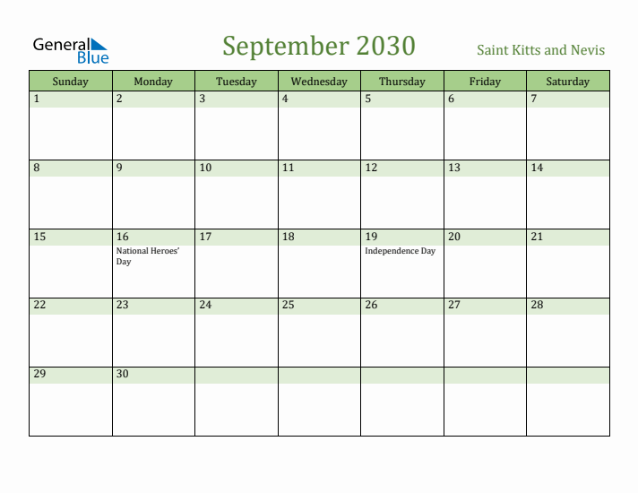 September 2030 Calendar with Saint Kitts and Nevis Holidays