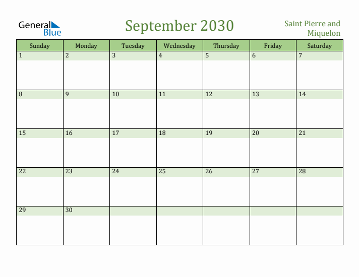 September 2030 Calendar with Saint Pierre and Miquelon Holidays