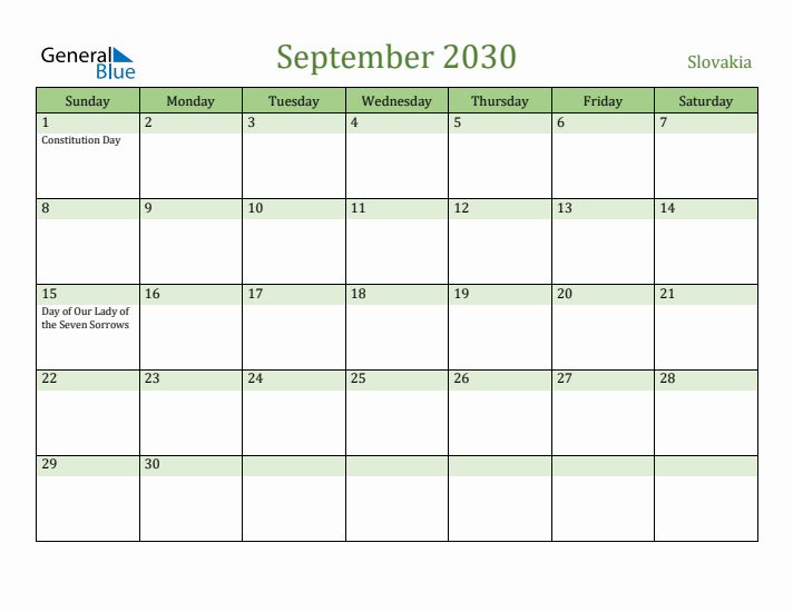 September 2030 Calendar with Slovakia Holidays