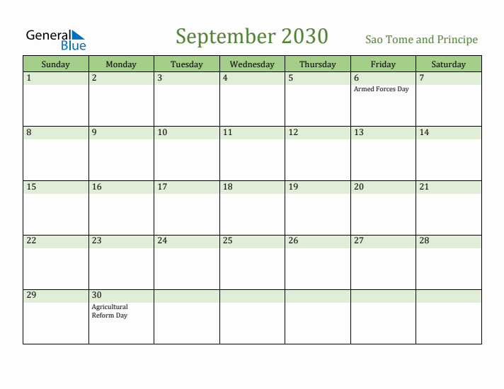 September 2030 Calendar with Sao Tome and Principe Holidays