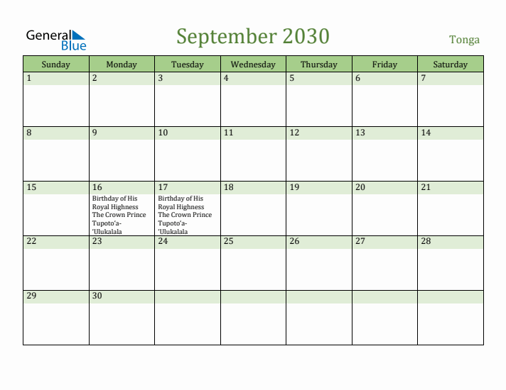 September 2030 Calendar with Tonga Holidays