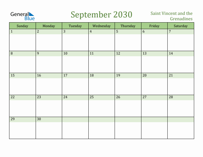 September 2030 Calendar with Saint Vincent and the Grenadines Holidays