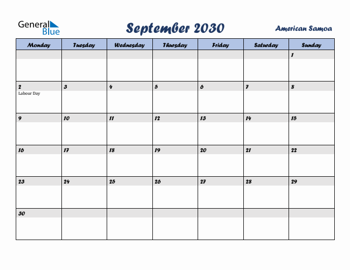 September 2030 Calendar with Holidays in American Samoa