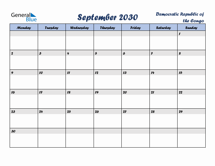 September 2030 Calendar with Holidays in Democratic Republic of the Congo