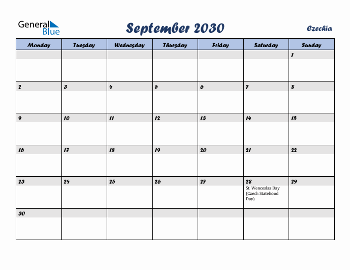 September 2030 Calendar with Holidays in Czechia
