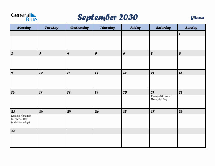 September 2030 Calendar with Holidays in Ghana