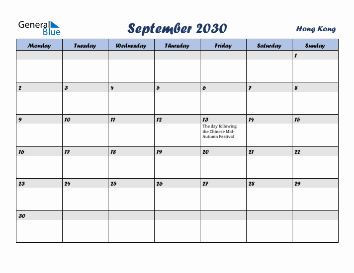 September 2030 Calendar with Holidays in Hong Kong