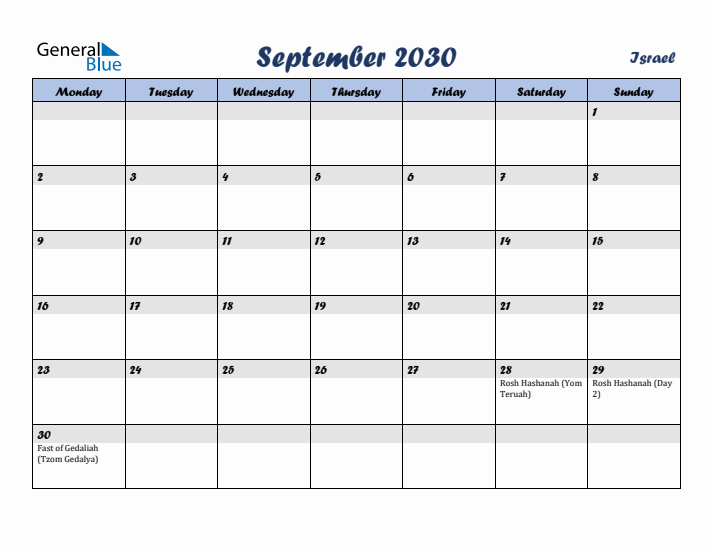 September 2030 Calendar with Holidays in Israel