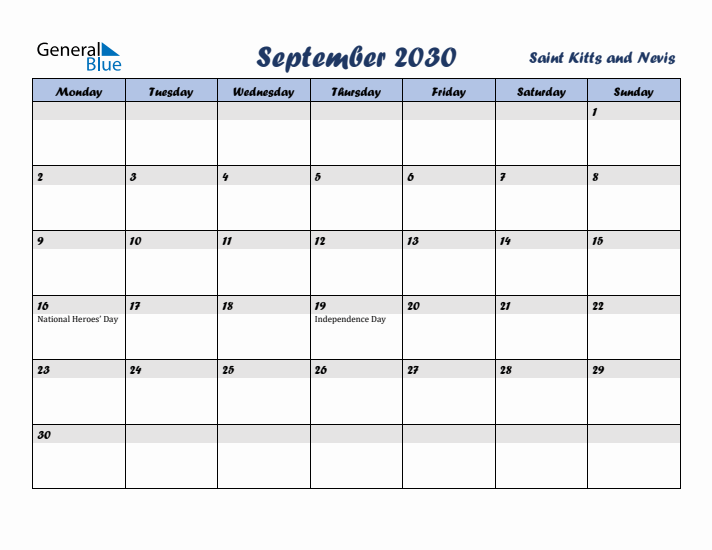 September 2030 Calendar with Holidays in Saint Kitts and Nevis