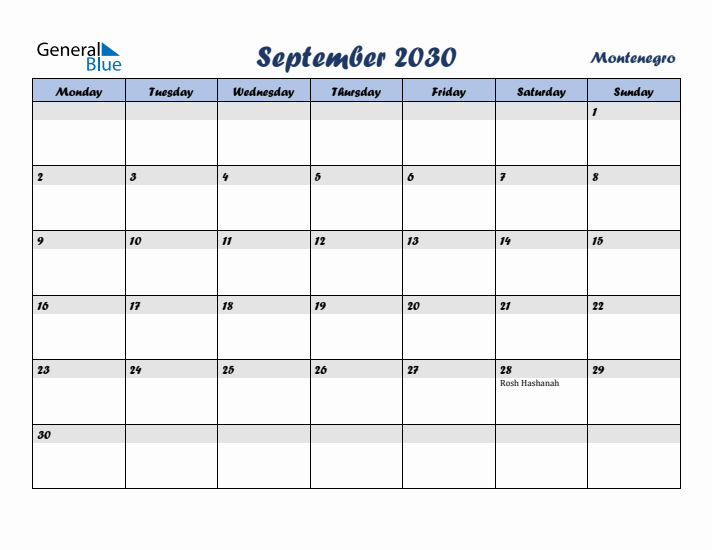 September 2030 Calendar with Holidays in Montenegro